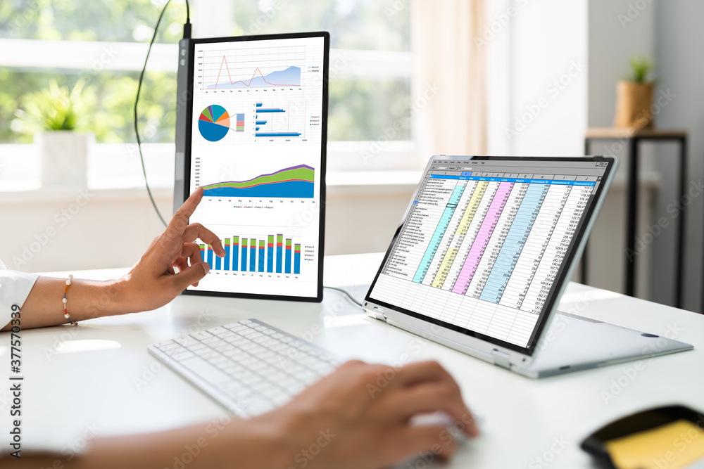 Poster analyst employee working with spreadsheet report