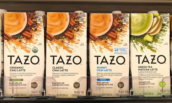 Alameda, CA - Sept 2, 2020: Grocery store shelf with containers of TAZO brand Chai Latte concentrates.