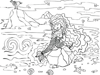 Fototapeta na wymiar coloring book with a mermaid who smiles, sits on a rock and strokes a cat. Black-and-white hand-drawn outline isolated on a white background.