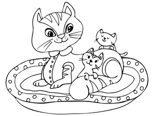 coloring book with a cat who smiles at her cute kittens, contour drawing by hand, linear and black and white,