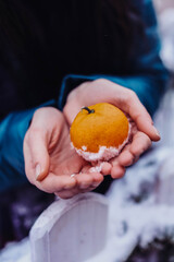 Blurred vertical photo of female hands holding fresh tangerine with a snow. Selective focus
