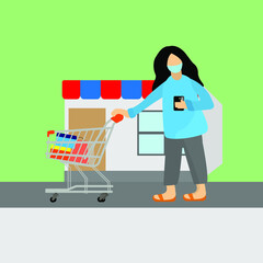 girl wearing face mask. shopping vector art flat design female. store woman cartoon market illustration background corona virus 