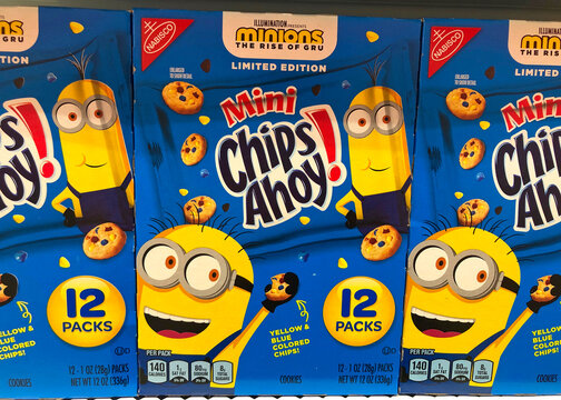 Alameda, CA - Sept 7, 2020: Grocery store shelf with Nabisco brand Mini Chips Ahoy cookies. Minions theme'd limited edition with yellow and blue colored chocolate chips.