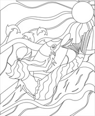 Beautiful mermaid playing with a dolphin, coloring page, black contour on white isolated background, vector illustration for Anti-stress coloring activity, concept of Fairytale, Underwater World.
