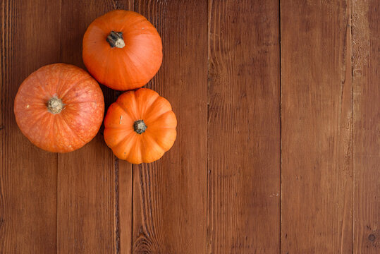 View form above of small pumpkins on wooden background. Copy space and selective focus. Halloween and Thanksgiving concepts.