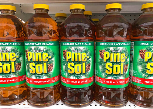 Alameda, CA - Sept 9, 2020: Grocery Store Shelf With Bottles Of Original Pine Sol Multi Surface Cleaner. Kills 99.9 Percent Of Germs.