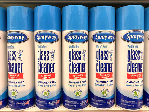 Alameda, CA - Sept 9, 2020: Grocery Store Shelf With Cans Of Sprayway Brand Foaming Class Cleaner. Ammonia Free Streak Free Shine.