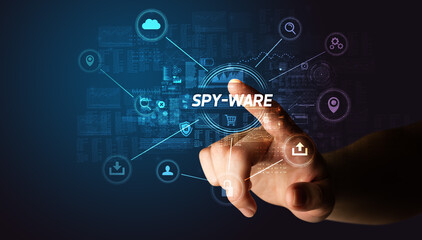 Fototapeta premium Hand touching SPY-WARE inscription, Cybersecurity concept