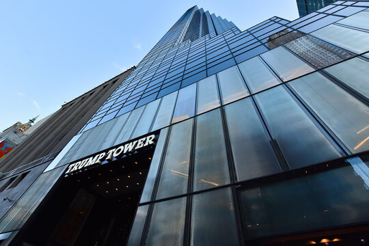 New York City, USA -  December 6, 2019. View Of The Trump Tower Syscraper Entrance Located On 5th Avenue Midtown Manhattan, New York, The Headquarters For The Trump Organization.