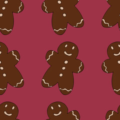 cute christmas gingerbread cookies with man-shaped icing on burgundy background, cute picture for new year and christmas, vector seamless pattern in doodle style