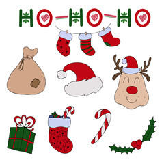 set of santa claus - deer, cap, gifts, sock, sugar cane and ho ho ho text on white background, cute picture for new year and christmas, vector illustration for postcard in doodle style