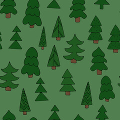 cute simple trees on a green background, cute picture for new year and christmas, vector seamless pattern in doodle style