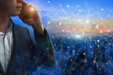 Businessmen people using smartphone outdoor on Smart city sunset background with line dot. Futuristic and Internet cyber data link and network theme for Business and Connection concept.