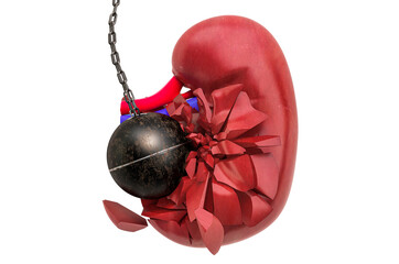 Kidney destroying by wrecking ball. Pain in kidneys, chronic kidney disease concept. 3D rendering