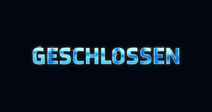 Geschlossen. Blauer Text als Logo Intro. Elektrisch leuchtendes Wort.