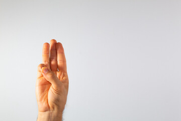 close up of a man's hand communicating with sign language, letters of the alphabet, on a white background