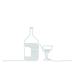 wine bottle and glass - continuous line drawing
