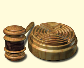 Hammer of justice in the form of a maze. Iniquity. 3D rendering.