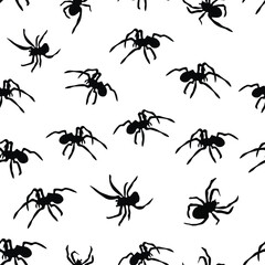 Black spiders, insect pattern. Seamless pattern. Vector illustration. Textile, print pattern.  Insect in black and white concept. Textile, print pattern. 