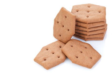 Sweet crackers with cocoa isolated on white background. Close-up. There is some free space for your text or sign.