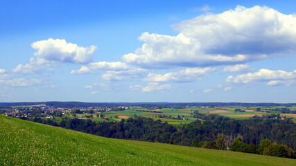 malerische Landschaft im Schwarzwald mit Wald, Wiesen und Bergen bei sonnigem Wolkenhimmel