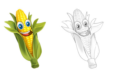 cartoon sketch scene vegetable smiling and looking corn illustration