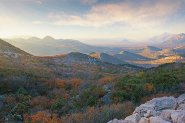 Beautiful autumn mountain landscape. Hills and valleys at sunset. Bosnia and Herzegovina, Republika Srpska