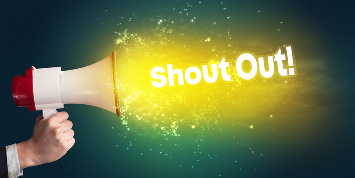 Young woman yelling to loudspeaker with Shout Out! inscription, modern media concept