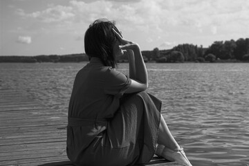 Sadness Woman Sitting by the River on pier. Empty place for text. Bad Day Concept.