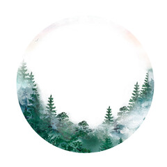 Watercolor illustration forest composition round, foggy forest, nature, landscape, spruce, pine