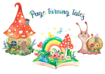 Naklejka premium Watercolor illustration of fairytale mushroom house, fairytale books and snails, fairytale cartoon characters