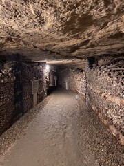 Fototapeta na wymiar Ossements d'un couloir des catacombes à Paris