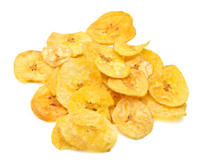 Banana chips on white background