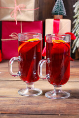 mulled red wine fruit tea grog
glass winter drink hot juice serving size spices beverage New Year's and Christmas top view copy space for text