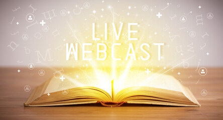 Open book with LIVE WEBCAST inscription, social media concept