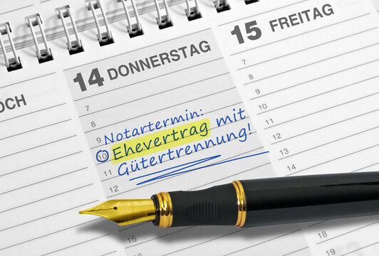 Notiz, Notartermin: Ehevertrag mit G&uuml;tertrennung