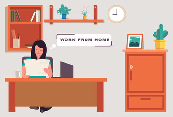 Illustration of woman reading and working at home.