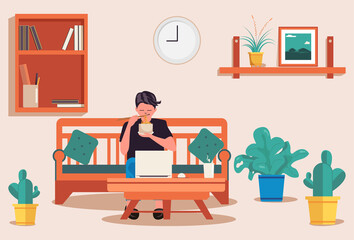 Illustration of a man reading and working at home.