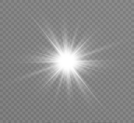 Fototapeta premium White glowing light explodes on a transparent background. Bright Star. Transparent shining sun, bright flash. Vector graphics. 