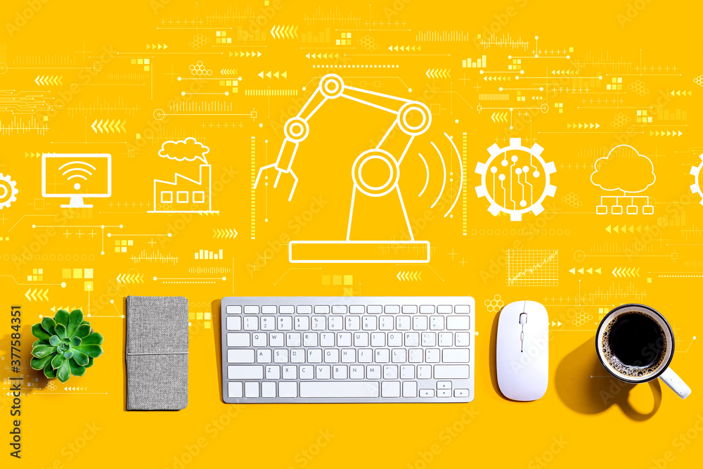 Poster smart industry concept with a computer keyboard and a mouse