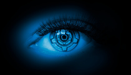 Close-up biometric scan of a female eye. The concept of modern virtual reality. Neon light, cyber background.