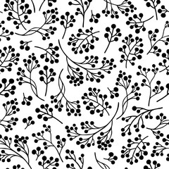 Floral monochrome seamless pattern with berries. Vector illustration.