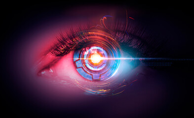 Close-up biometric scan of a female eye. The concept of modern virtual reality. Neon light, cyber background.