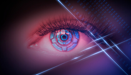 Close-up biometric scan of a female eye. The concept of modern virtual reality. Neon light, cyber background.