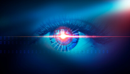 Close-up biometric scan of a female eye. The concept of modern virtual reality. Neon light, cyber background.
