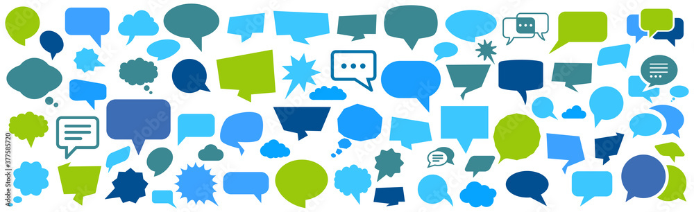 Poster set different empty speech discussion bubble icons, chat sign - stock vector