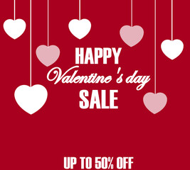 50 percent discount voucher for Valentine's Day, hearts hanging on threads on a red-pink background and the inscription