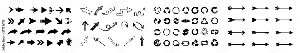 Poster Set arrow icon. Collection different arrows recycle, painted sign. Black vector arrows icons isolated – stock vector