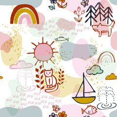 Seamless vector repeat pattern with funny animals by the lake