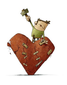 man on a ladder is patching a huge, cracked, crumbling heart. broken love concept, isolated